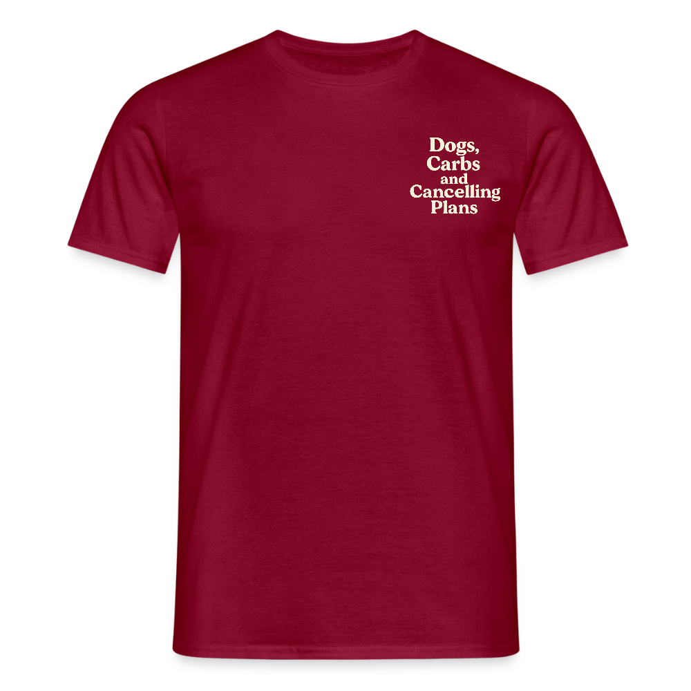 Unisex Fit T-Shirt „Dogs, carbs and cancelling plans“ - Ziegelrot